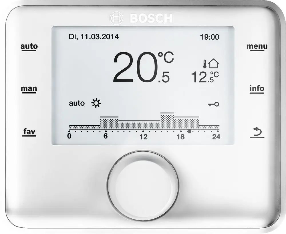 Weißer Bosch-Regler mit digitalem Display, zeigt aktuelle Temperatur von 20,5 °C und Außentemperatur von 12,5 °C an. Steuerung der Heizkreise auf einem grafischen Interface.